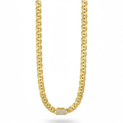 Amafhha Jewels gold plated chino chain necklace with a pave CZ stone box lock clasp. Urban luxury statement piece.