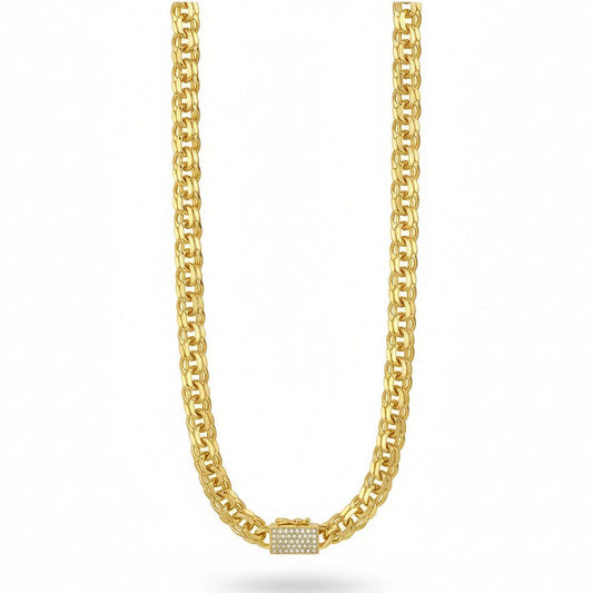 Amafhha Jewels gold plated chino chain necklace with a pave CZ stone box lock clasp. Urban luxury statement piece.