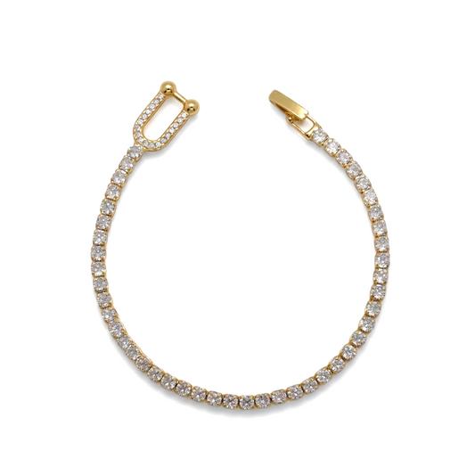 Amafhha Jewels gold plated tennis bracelet with clear round CZ stones and a pave horseshoe link with fold-over clasp