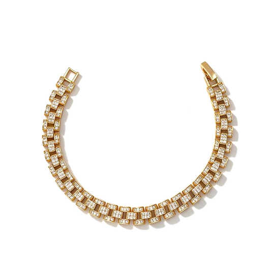 Amafhha Jewels gold-tone oro laminado watch band style link bracelet with sparkling micro-pave cubic zirconia stones.