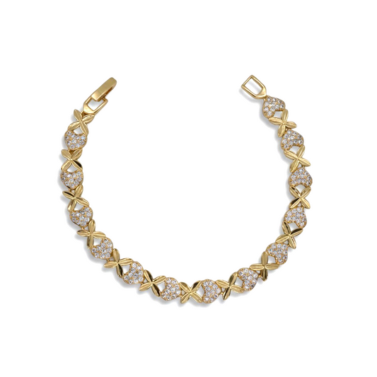 Amafhha Jewels gold plated XO link bracelet featuring sparkling pave CZ heart links and polished cross accents.