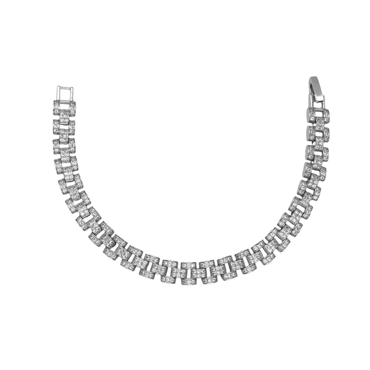Amafhha Jewels watch band style link bracelet in silver tone with full pave cubic zirconia stones and fold-over clasp
