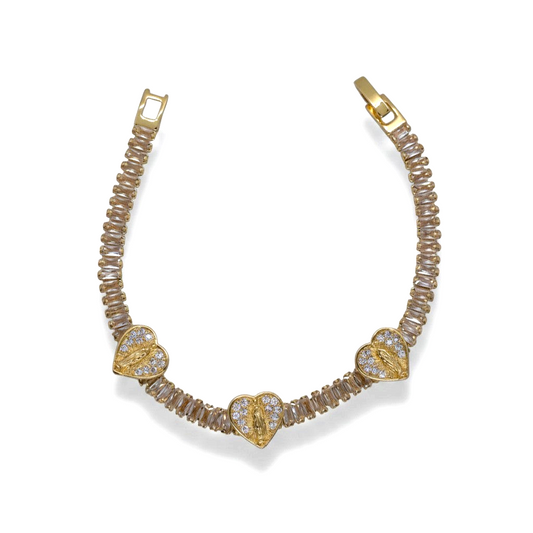 Amafhha Jewels gold-plated bracelet with baguette CZ stones and three Virgin Mary heart stations with pave accents.