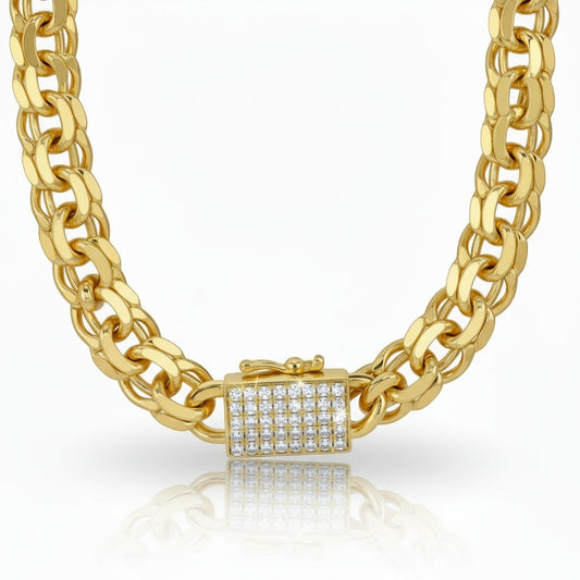 Amafhha Jewels gold plated chino chain necklace with a pave set cubic zirconia stone box lock clasp.