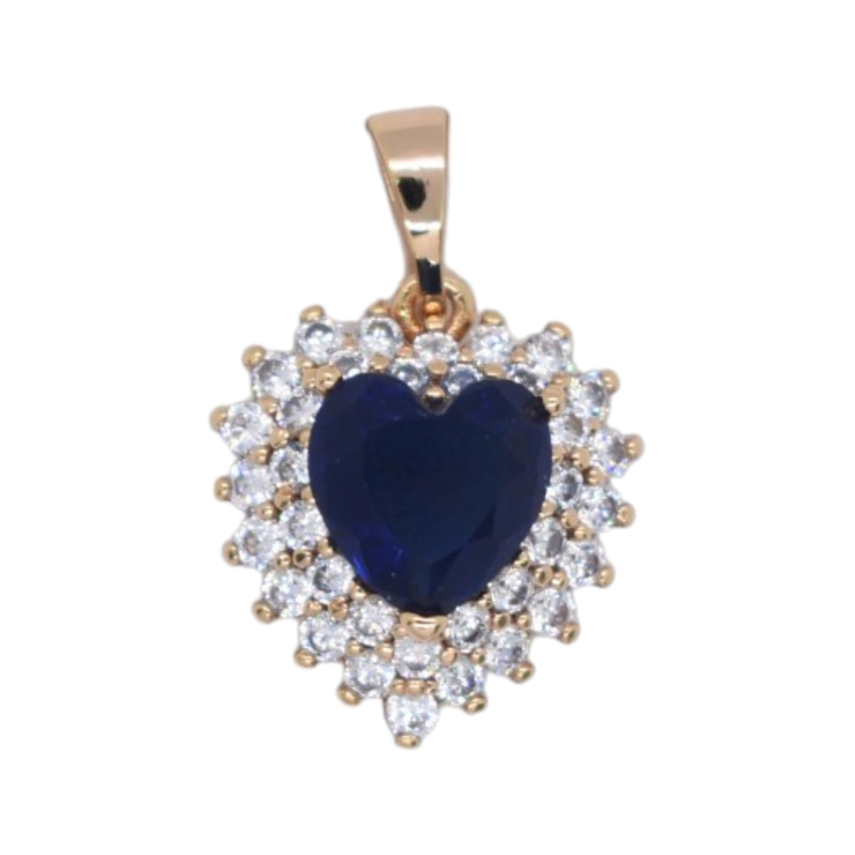 Gold Plated Rose Gold Tone Heart Sapphire Blue CZ Double Halo Pendant - Oro Laminado