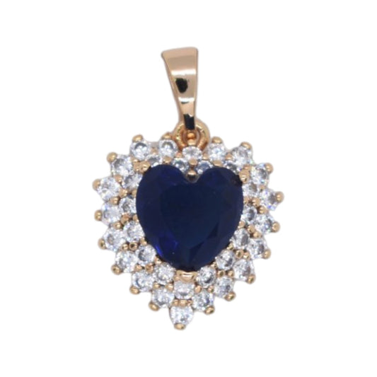 Gold Plated Rose Gold Tone Heart Sapphire Blue CZ Double Halo Pendant - Oro Laminado