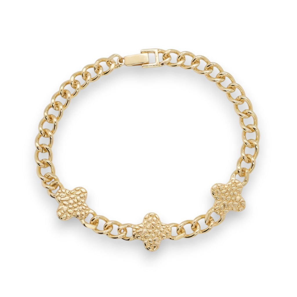 Gold Plated Textured Clover Curb Chain Station Bracelet - Oro Laminado