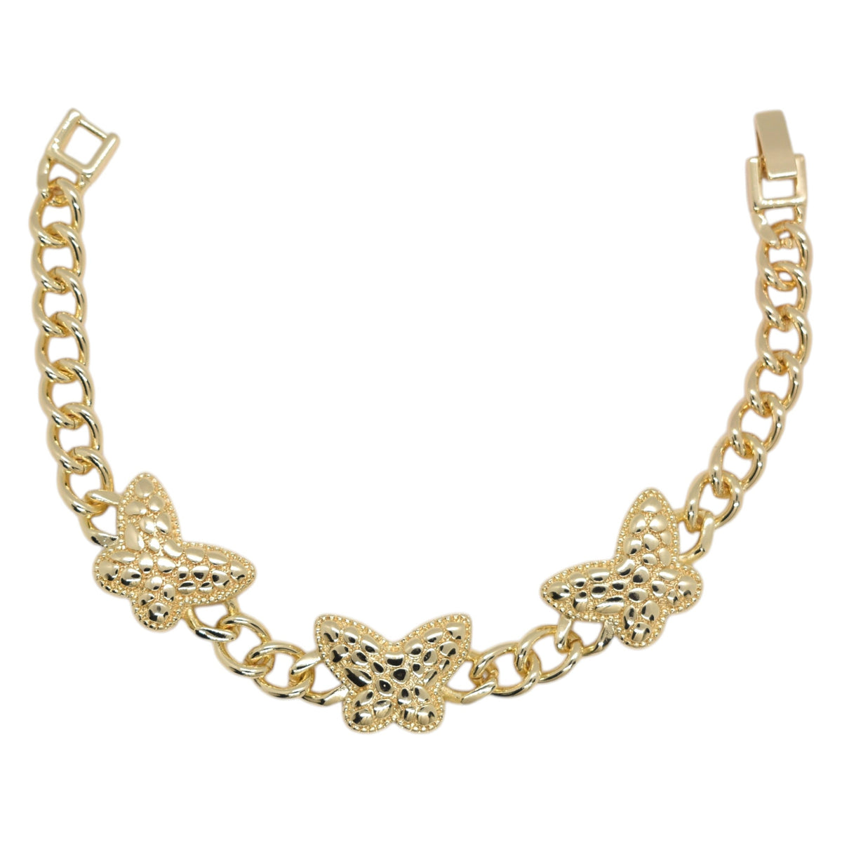 Gold Plated Textured Butterfly Curb Chain Station Bracelet - Oro Laminado