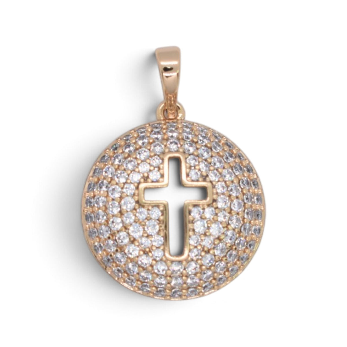 Gold Plated Rose Gold Tone Circular Pave CZ Cross Cutout Pendant - Oro Laminado