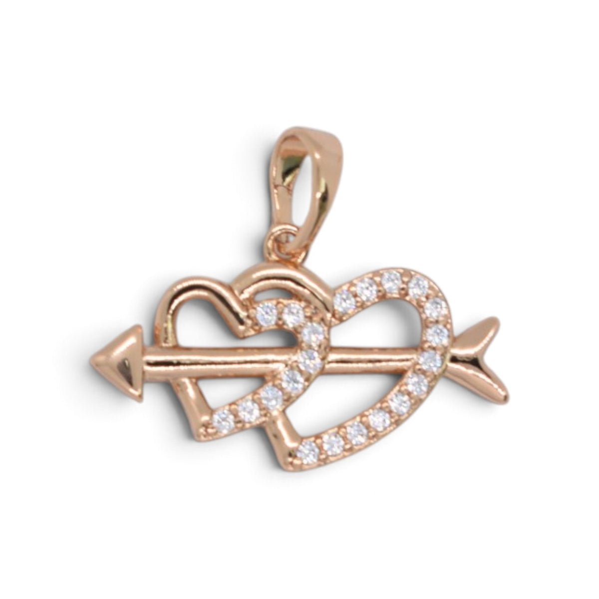 Gold Plated Rose Gold Tone Cupid Arrow Double Heart CZ Pendant - Oro Laminado