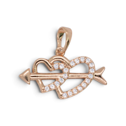 Gold Plated Rose Gold Tone Cupid Arrow Double Heart CZ Pendant - Oro Laminado
