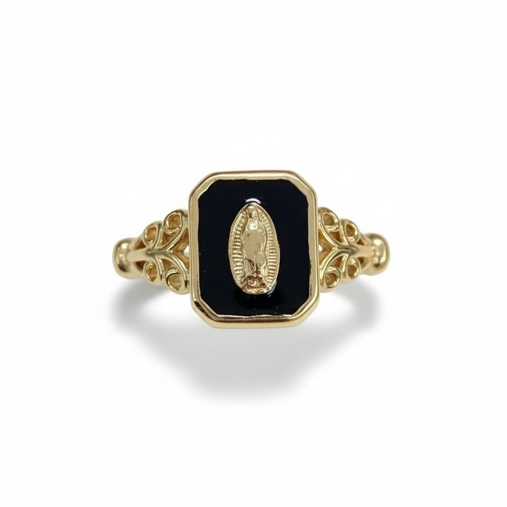 Gold Plated Ring black enamel Virgin Mary