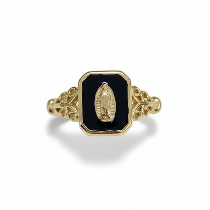 Gold Plated Ring black enamel Virgin Mary