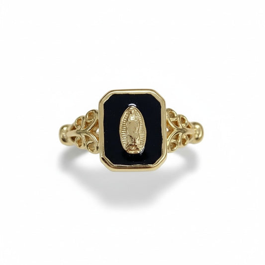 Gold Plated Ring black enamel Virgin Mary