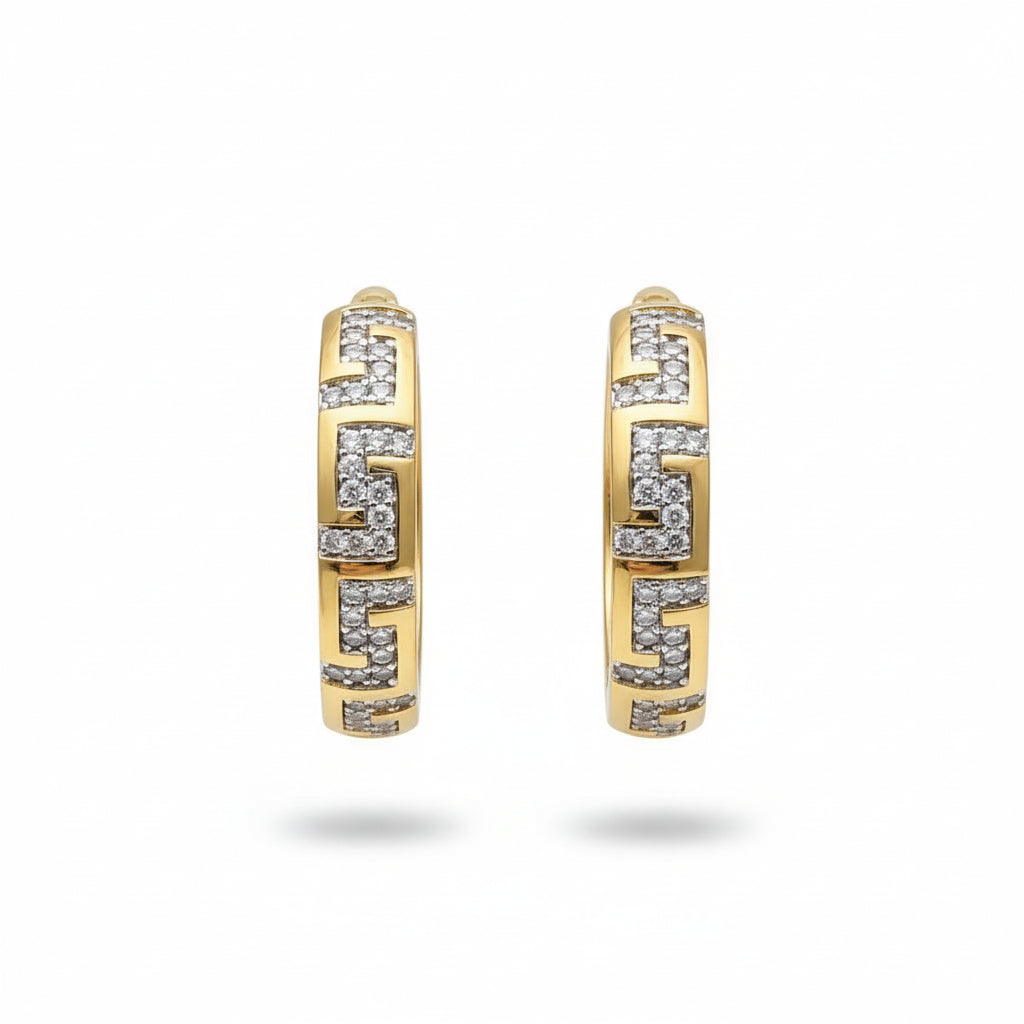 Gold Plated Greek Key Pave Inset Huggies