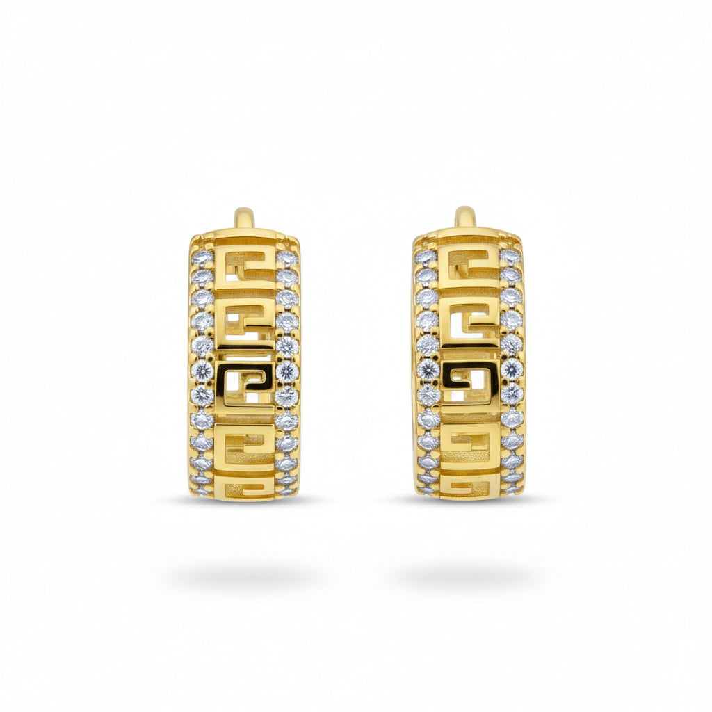 Gold Plated Greek Key Pave Earrings