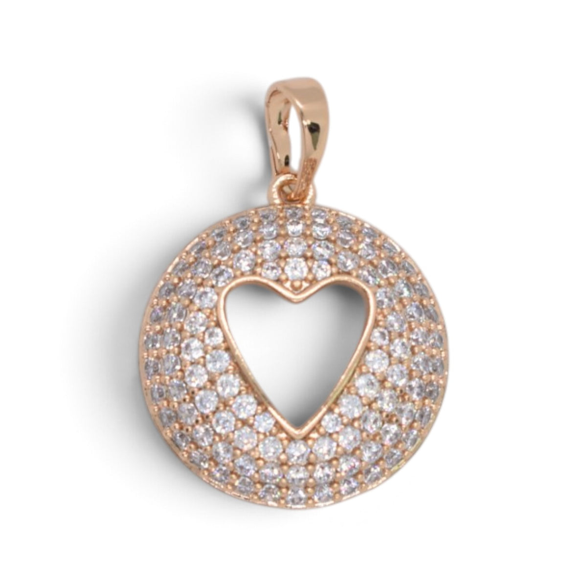 Gold Plated Rose Gold Tone Circular Pave CZ Heart Cutout Pendant - Oro Laminado
