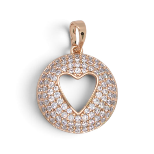 Gold Plated Rose Gold Tone Circular Pave CZ Heart Cutout Pendant - Oro Laminado