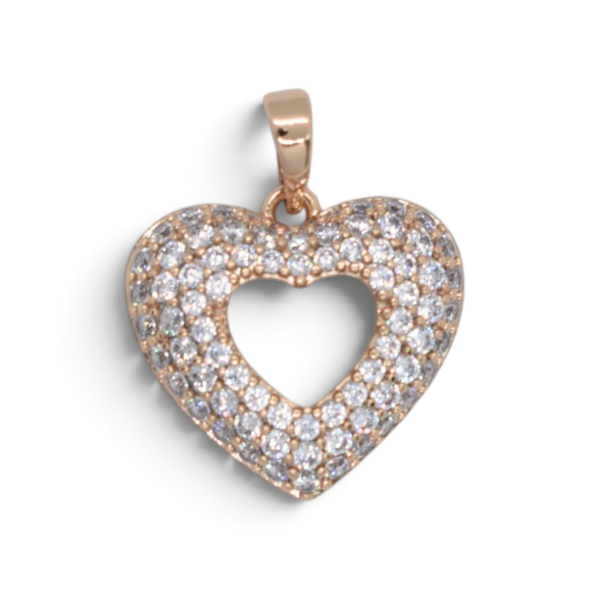 Gold Plated Rose Gold Tone Pave CZ Open Heart Pendant - Oro Laminado