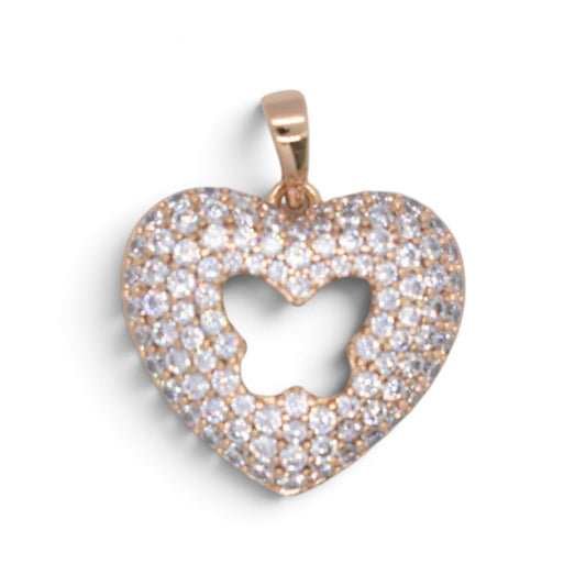 Gold Plated Rose Gold Tone Pave CZ Heart Cutout Butterfly Pendant - Oro Laminado