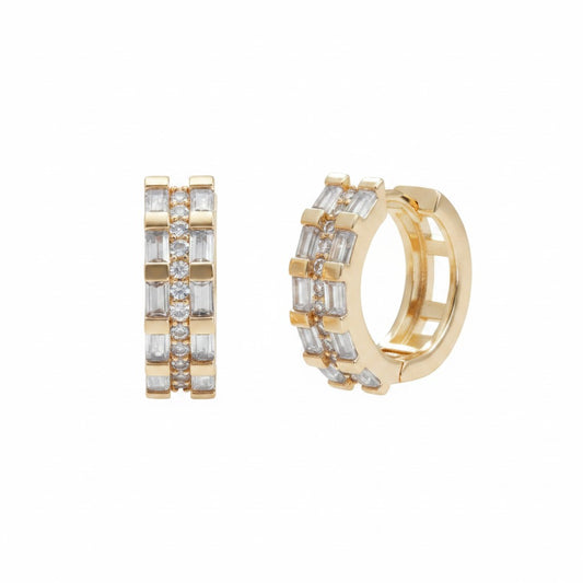 Gold-Plated Double Row Baguette CZ Huggie Earrings