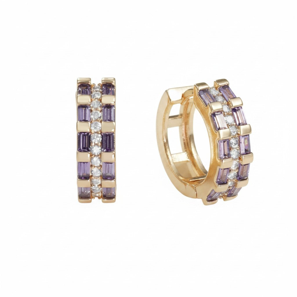 Gold-Plated Double Row Baguette CZ Huggie Earrings