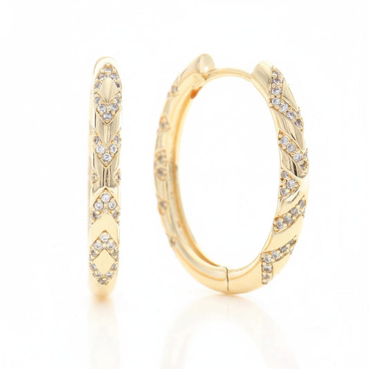 Gold Plated Quilted Diamond Pave CZ Hoop Earrings
