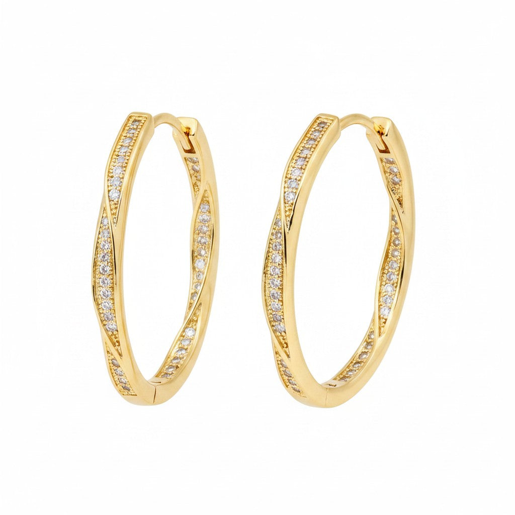Gold Plated Twisted Wave Pave CZ Hoop Earrings