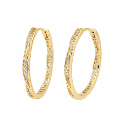 Gold Plated Twisted Wave Pave CZ Hoop Earrings