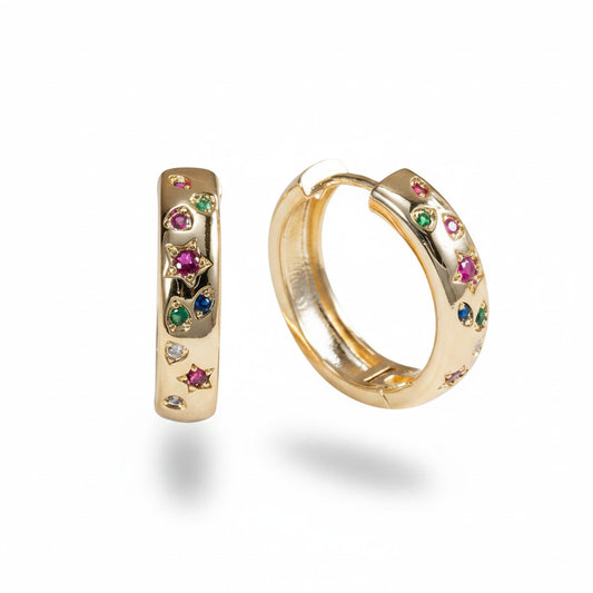 Gold Plated Multi Color CZ Celestial Star Huggie Earrings
