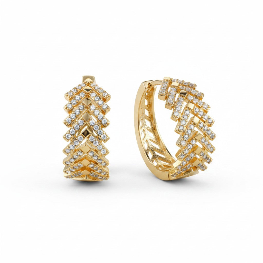 Gold Plated Chevron Textured Pave CZ Huggie Earrings