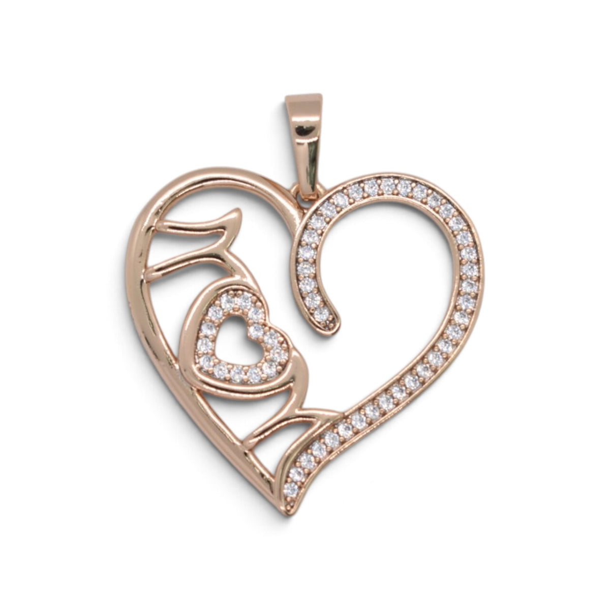Gold Plated Rose Gold Tone "MOM" Open Heart CZ Pendant - Oro Laminado