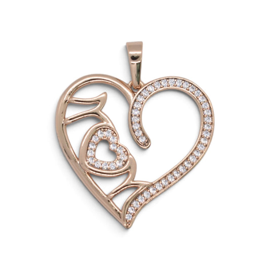 Gold Plated Rose Gold Tone "MOM" Open Heart CZ Pendant - Oro Laminado