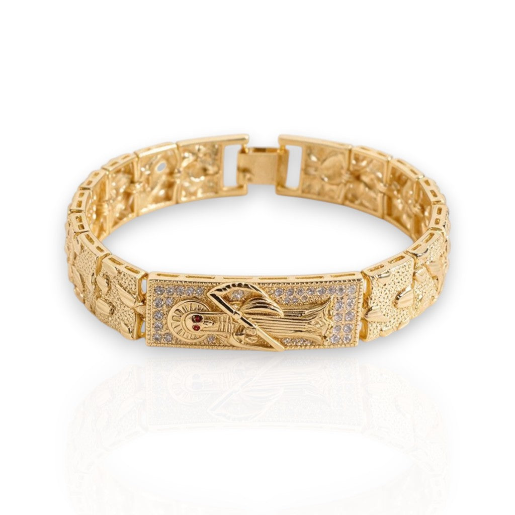 Gold Plated Santa Muerte CZ Accent Nugget Link Bracelet - Oro Laminado