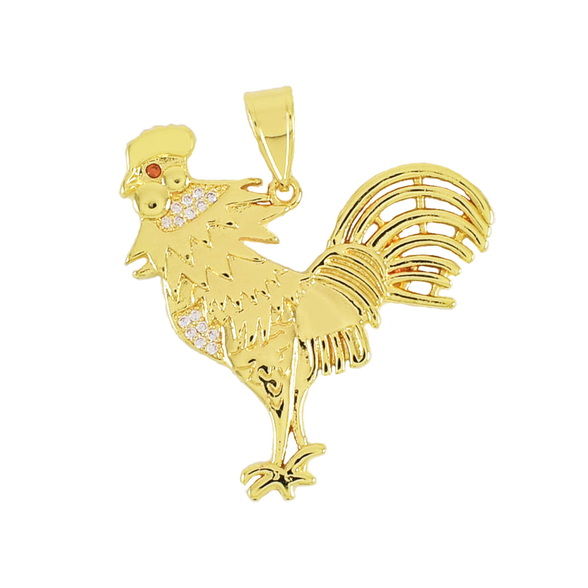 Gold Plated Cubic Zirconia Rooster Pendant with Red Eye | Wholesale Jewelry