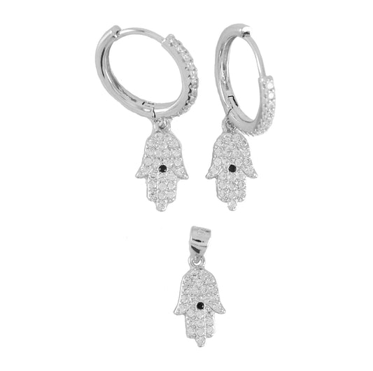 Hamsa Hand Ladies 925 Sterling Silver Set Huggie Hoop Style Set