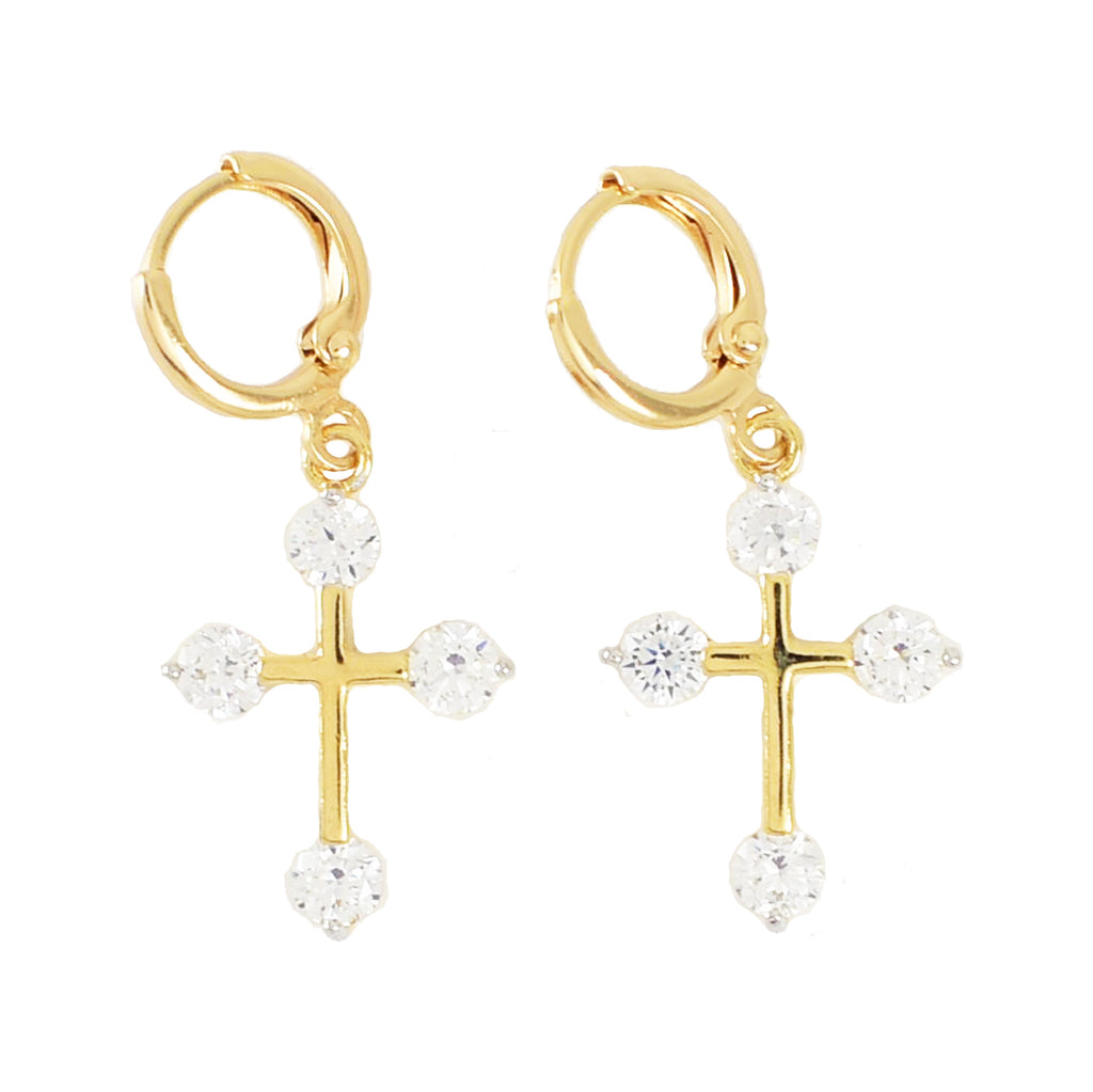 Cross Earrings with Stones - Dangly Earrings - Cubic Zirconia Gold Plated Earring