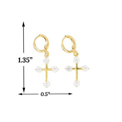 Cross Earrings with Stones - Dangly Earrings - Cubic Zirconia Gold Plated Earring | Wholesale Jewelry
