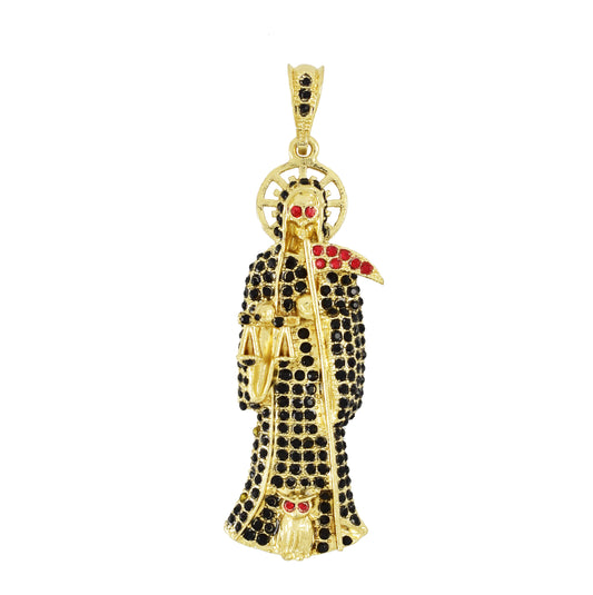 Santa Muerte Gold Plated Pendant-Complete Black Stones with Red Eyes | Wholesale Jewelry