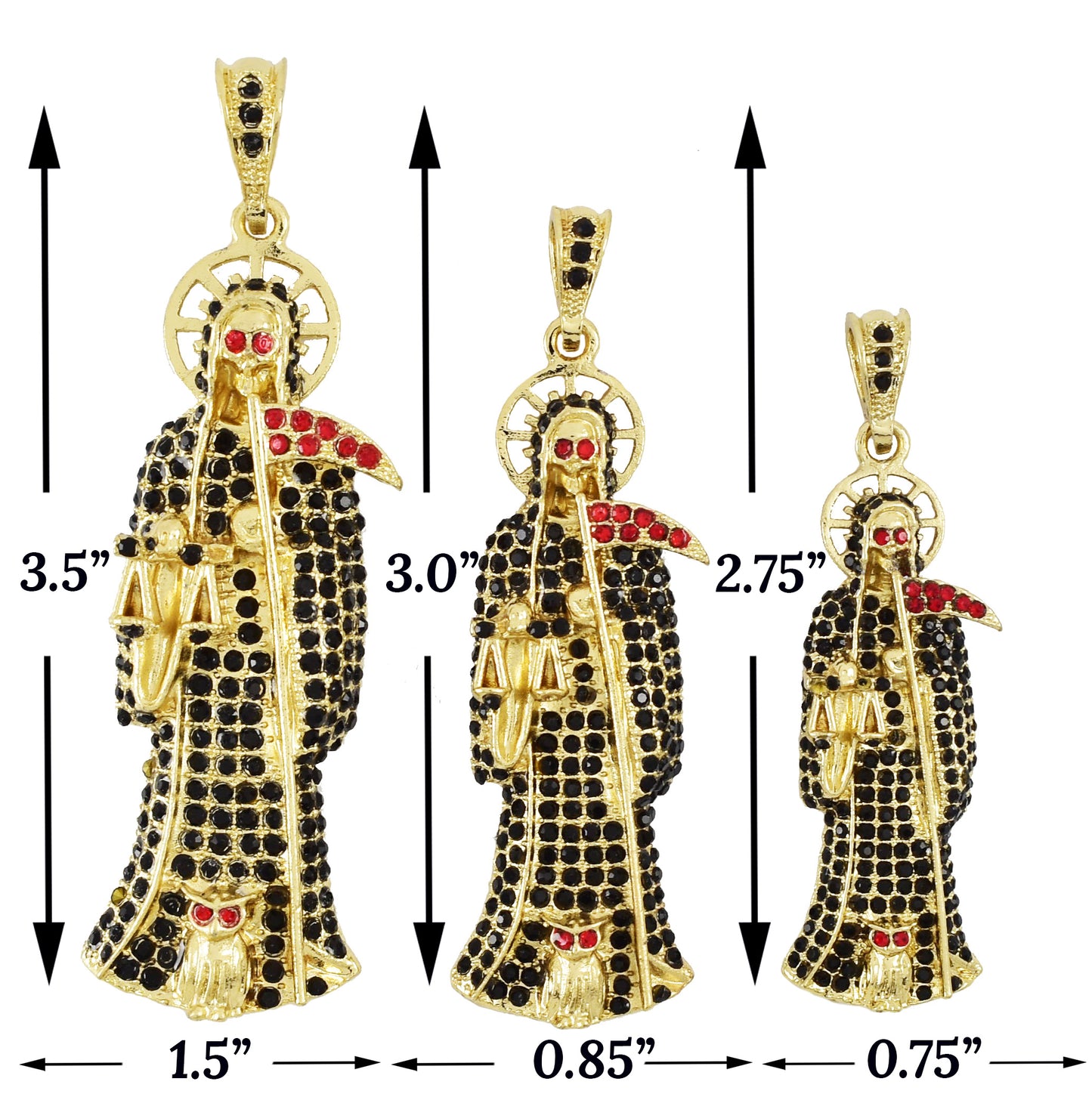 Santa Muerte Gold Plated Pendant-Complete Black Stones with Red Eyes | Wholesale Jewelry