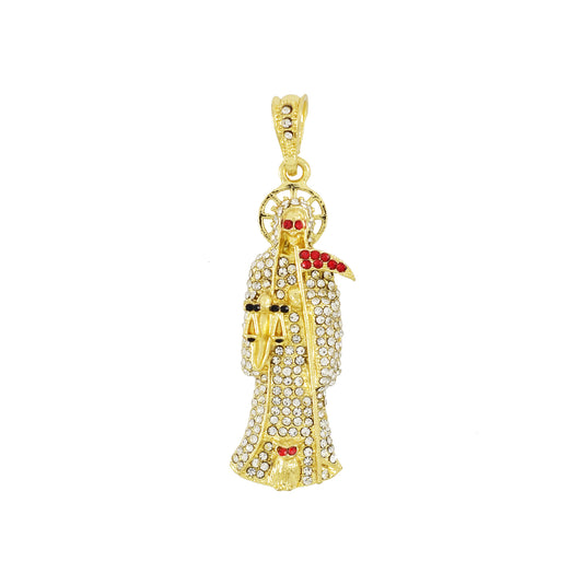 Santa Muerte Full White Cubic Zirconia Stones with Red Eyes- Gold Plated Pendant | Wholesale Jewelry