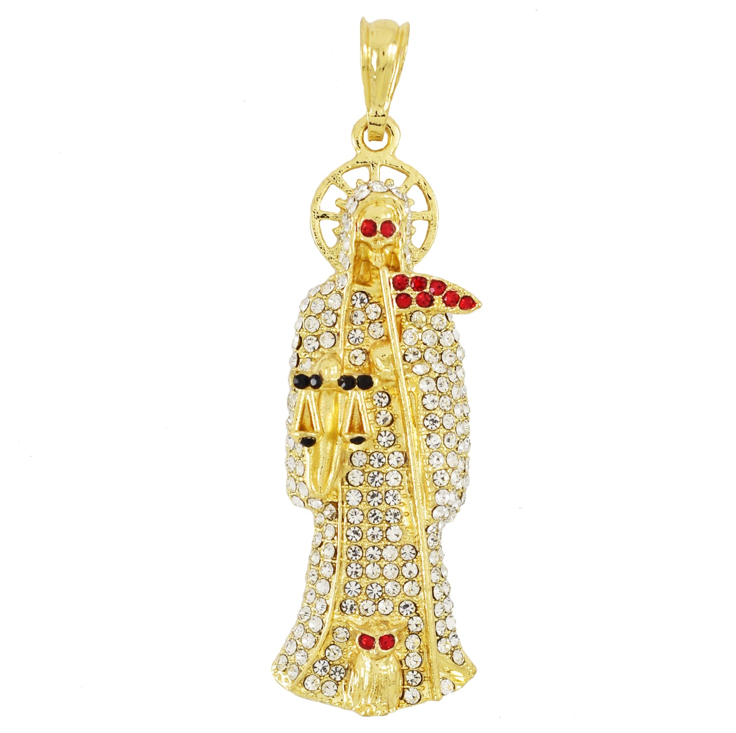 Santa Muerte Full White Cubic Zirconia Stones with Red Eyes- Gold Plated Pendant | Wholesale Jewelry