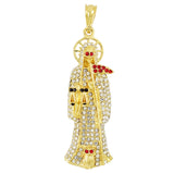 Santa Muerte Full White Cubic Zirconia Stones with Red Eyes- Gold Plated Pendant