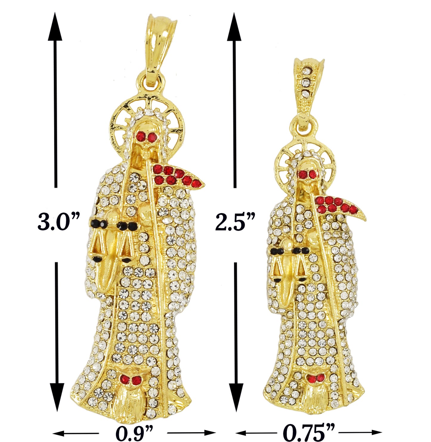 Santa Muerte Full White Cubic Zirconia Stones with Red Eyes- Gold Plated Pendant | Wholesale Jewelry