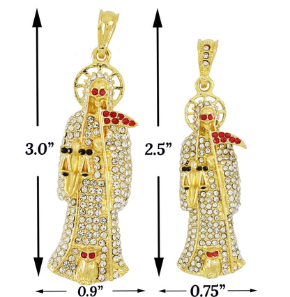 Santa Muerte Full White Cubic Zirconia Stones with Red Eyes- Gold Plated Pendant | Wholesale Jewelry