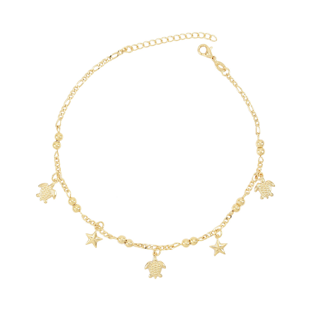 Gold Plated Turtle and stars charm Ladies Anklet