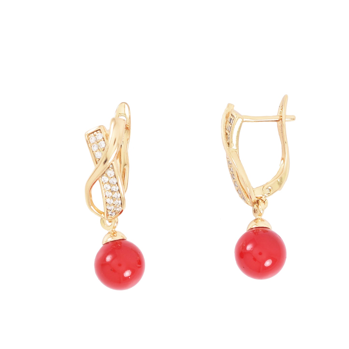 Gold Plated Red Pearl Dangly earrings | Wholesale Jewelry