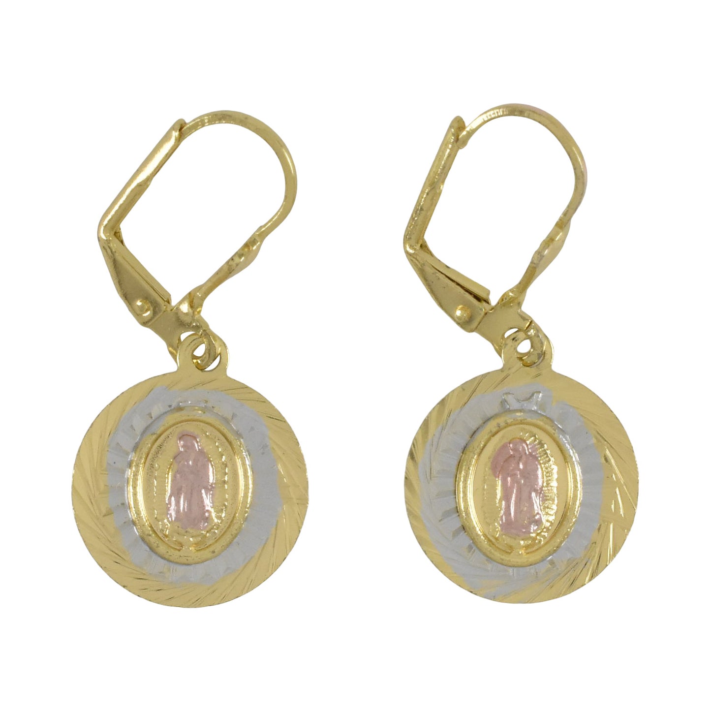 Gold Plated Two Tone Virgin Mary Dangly Earrings | Wholesale Jewelry