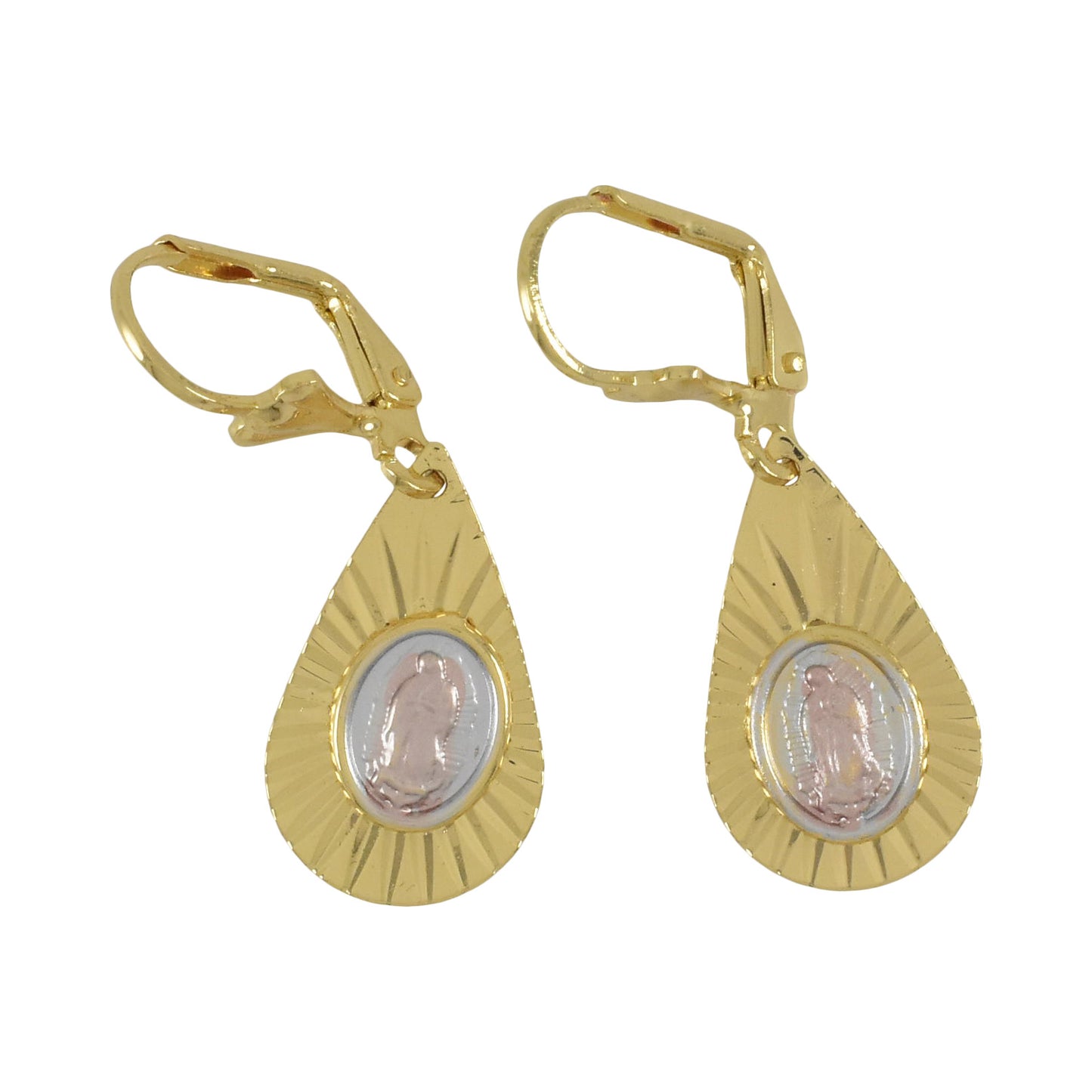 Gold Plated Two Tone Virgin Mary Dangly Earrings | Wholesale Jewelry